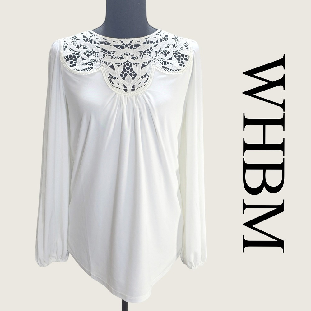 WHBM Blouse Womens XS Ecru Lace Insert Long Sleeve Top Boho Preppy Grandma